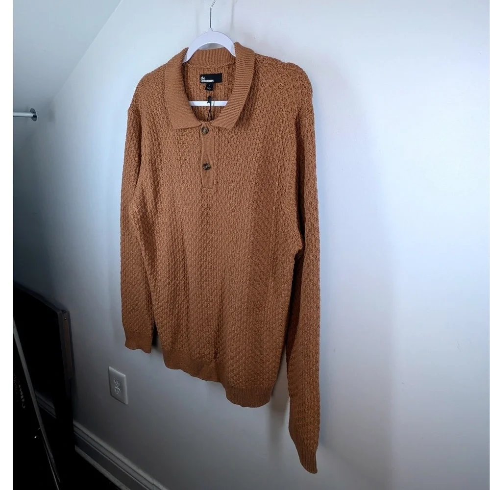 NWT The Commons Mens Textured Knit‎ Long Sleeve Polo Sweater Camel Brown Large